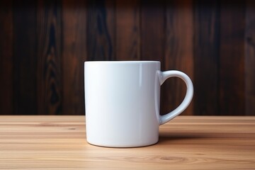 Fototapeta premium White ceramic mug on a light wooden tabletop with a dark wooden background