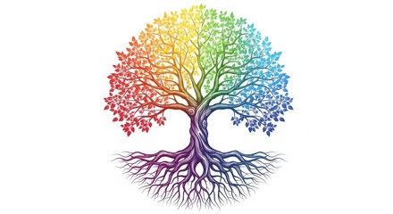 A vibrant tree with rainbow-colored leaves and roots on a white background.