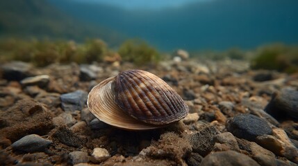 Close up underwater view of a ribbed clam shell resting on a gravelly seabed