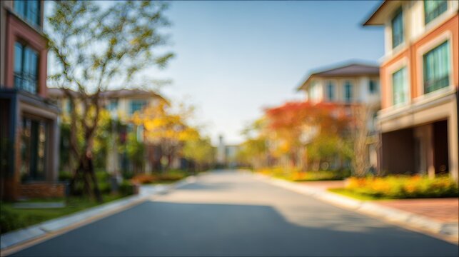 Out of focus blurred background of a quiet suburban street with modern residential houses and autumn trees