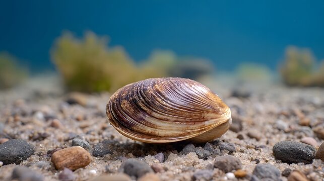 A single closed clam with a textured ridged shell rests on the sandy and pebbly seabed in clear blue water
