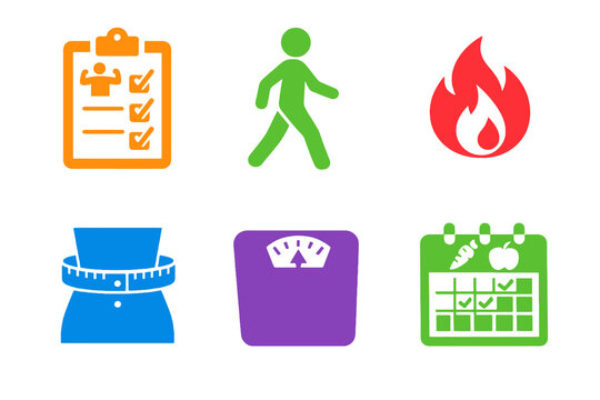 Beginner fitness and weight loss icon set with six single-color vector icons. Ideal for starter workout apps, wellness programs, and modern UI design.