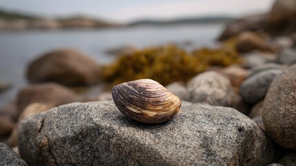 A solitary clam shell rests on a textured rock with the blurred ocean and shoreline in the background
