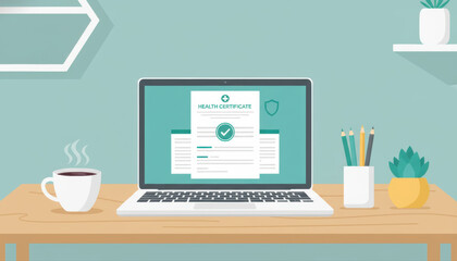 Laptop Displaying Digital Health Certificate on Office Workspace
