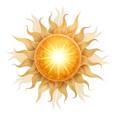 Naklejka premium Detailed illustration of a radiant stylized sun symbol featuring an intensely glowing core and flowing light golden rays emanating outward on transparent background