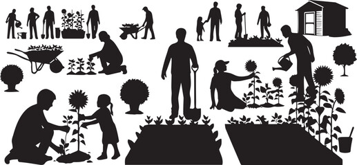 People gardening and farming vector silhouette illustration collection set line art images