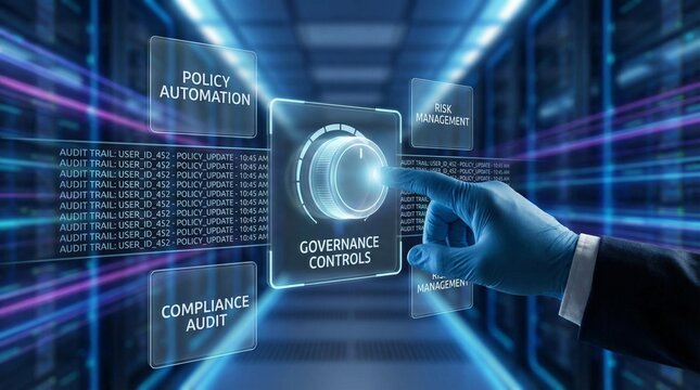 A businessman interacting with governance controls in a futuristic data center for the concept of corporate compliance and risk management.