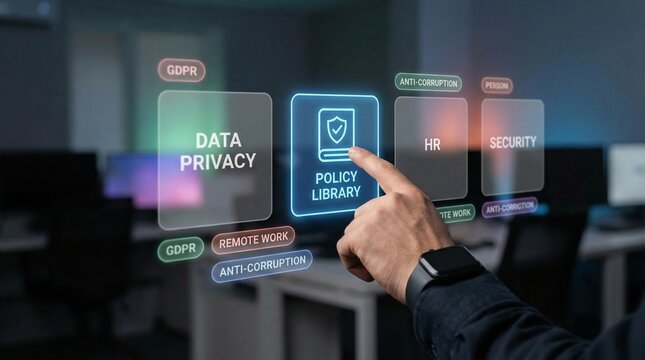 A person interacting with a virtual policy library for data privacy and security in a modern office.