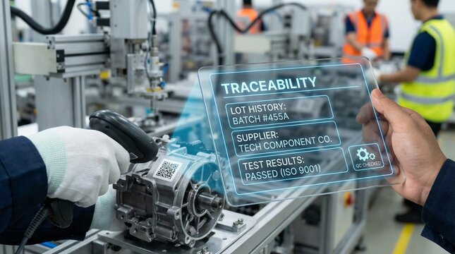 A person displaying a digital traceability label for a mechanical part in a factory setting.