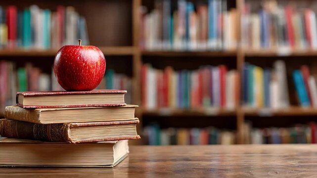 A red apple balancing atop a stack of vintage books in a library setting