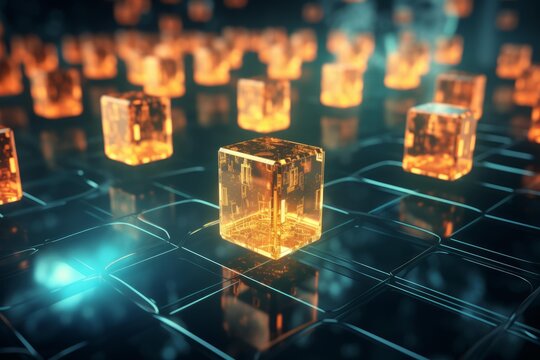 Glowing cubical data units representing futuristic technology, blockchain, and quantum computing