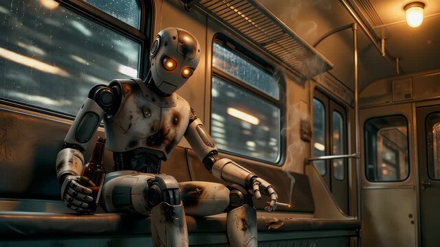 Worn robot smoking cigarette on train, holding beer bottle, dystopian future