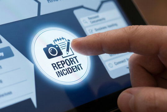 A hand pressing a report incident button on a digital screen for workplace safety