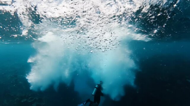Scuba Diver Explores Below Powerful Ocean Wave