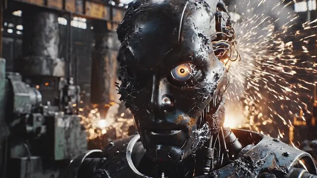Damaged Robot Close-up in Industrial Setting - This close-up shot features a heavily damaged robot in an industrial environment.