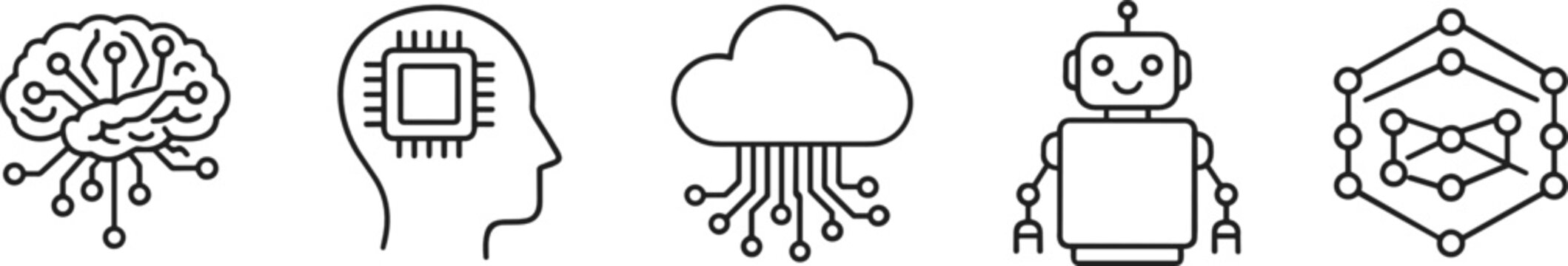 Artificial intelligence technology icon set with brain, cloud, robot and neural network symbols in line style
