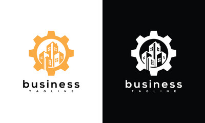 Construction Real Estate Logo Modern Gear Building City Icon for Urban Development Business.