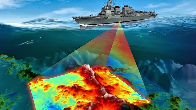 Video, illustration, warship with lidar sensor conducting underwater detection, 3D, navy, education, security, technology 