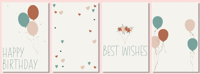 Modern Hand Drawn Birthday Card and Background Set with Balloons and Hearts