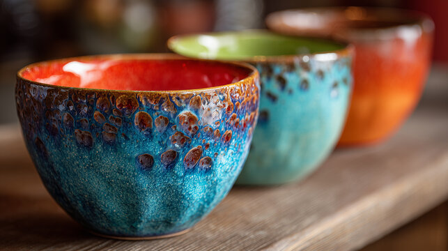 Handmade pottery bowls in vibrant colors on wooden table