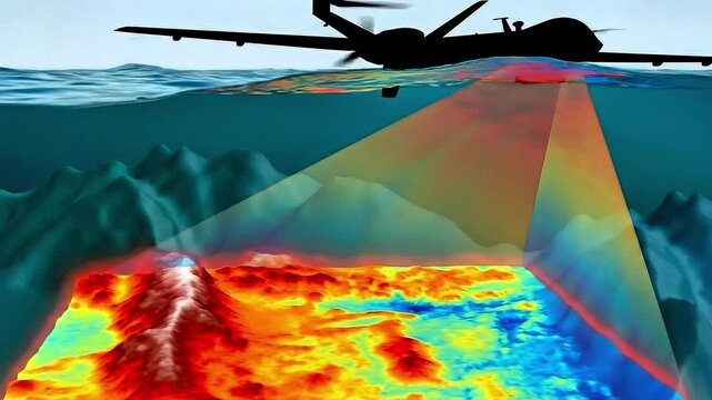 Video, illustration, military drone with lidar sensor performing underwater detection, 3D, navy, education, security, technology, 