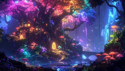 Enchanted Forest with Glowing Tree and Magical Light