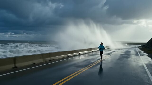 A runner braves the harsh winds and crashing waves along a coastal road. Dark clouds loom overhead, creating a dramatic backdrop for the determined athlete, who embraces nature's fury.