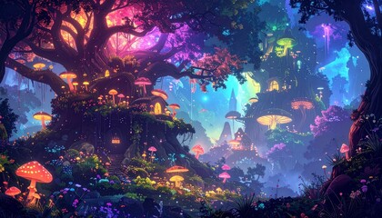 Colorful Enchanted Forest with Glowing Path and Trees