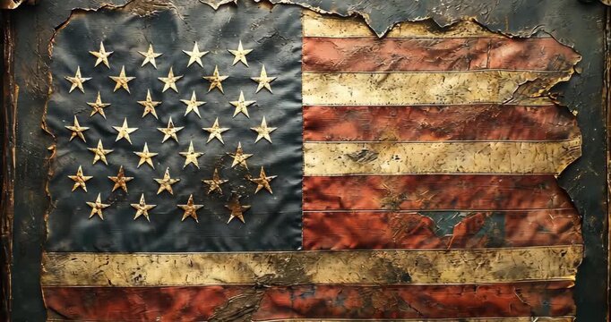 A distressed American flag is displayed on a rustic wooden background, evoking a sense of history and patriotism.