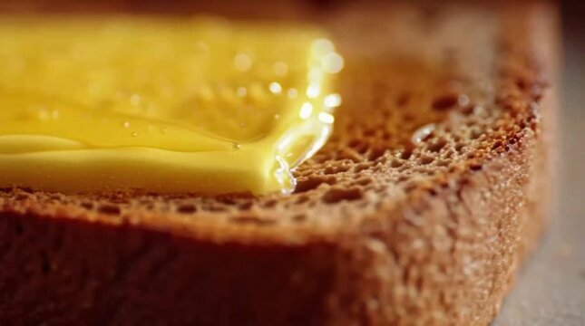 Close-up of a golden slice of butter melting on a perfectly toasted slice of bread