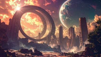 Surreal Sci Fi Ruins with Portal and Alien Sky