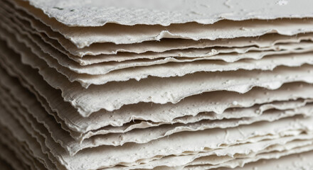 Torn edges of stacked handmade paper sheets in natural color  