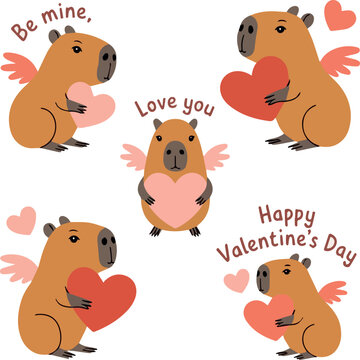 Create on A set of flat vector illustrations in a simple children's style on the theme of valentine's day. Cute capybaras with hearts and wings on white background, captions..