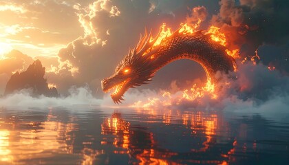 Legendary Fire Dragon Flying Above Reflective Sea