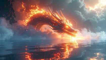 Flaming Dragon Emerging from Water in Fantasy World