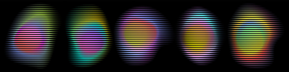 Color gradient circle backgrounds and abstract neon light shapes with color gradation. Vecto neon color blend mesh on black with holographic dynamic flow and chromatic radiant glow