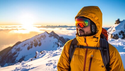 Mountaineer Standing on Snowy Peak at Sunrise
