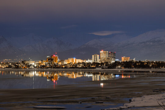 View of Downtown anchorage at night in the winter