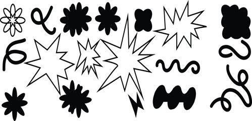 Abstract collection of stylized symbols and decorative motifs on a plain background