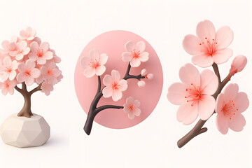 ​3D Illustration of Cherry Blossom Branches and Bonsai Tree on White Background
