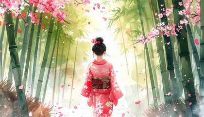 Traditional Kimono Figure in Misty Bamboo Grove