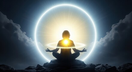 A person meditating in a serene environment with a glowing aura.