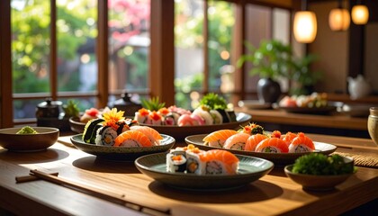 Traditional Sushi Set on Wooden Table in Calm Interior