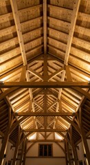 Warmly lit a-frame wooden ceiling with exposed beams and triangular trusses in cozy interior architecture design