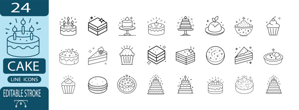 Cake and dessert line icon set, birthday celebration sweet food symbol, cupcake and pastry bakery item, wedding cake and macaron, delicious treat vector illustration with editable stroke.