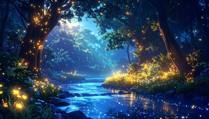 Fantasy Forest River with Soft Blue Light Beams