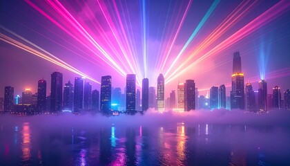 Neon City Skyline with Colorful Light Beams at Night