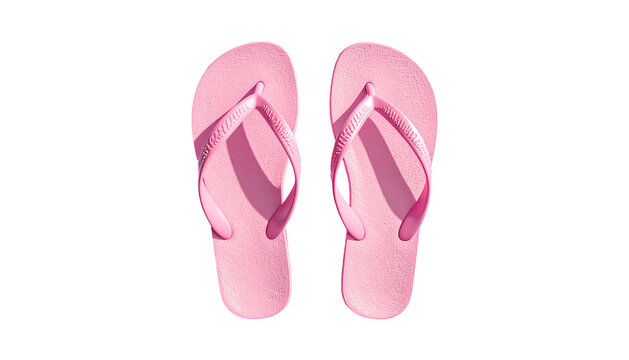 Overhead shot of two pink flip-flops isolated on a black background, with shadows