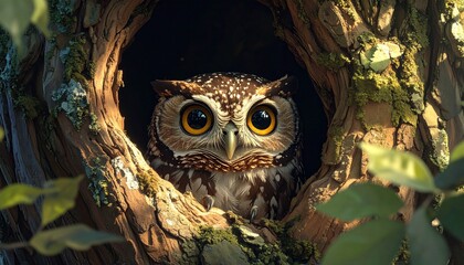 Wise Owl Peeking from Tree Hollow in Forest Shade