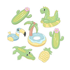 Fototapeta premium Cute Pastel Pool Float Inflatable Vector Illustration with Dinosaur Crocodile Toucan Cactus Pineapple and Palm Ring Playful Summer Clipart for Kids